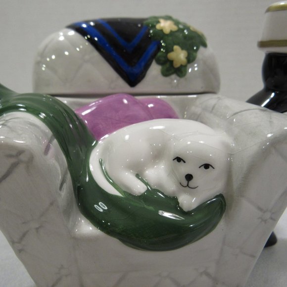 Ceramic Armchair Teapot Lamp White Cat Kitten - Picture 5 of 8